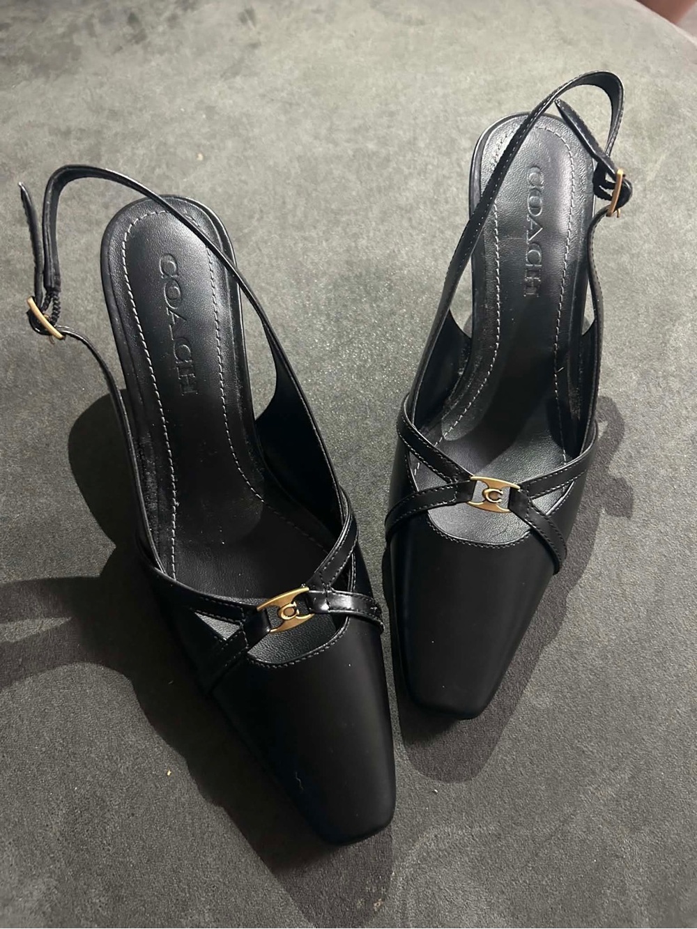 Coach Black Leather Slingback Pumps with Gold Accent